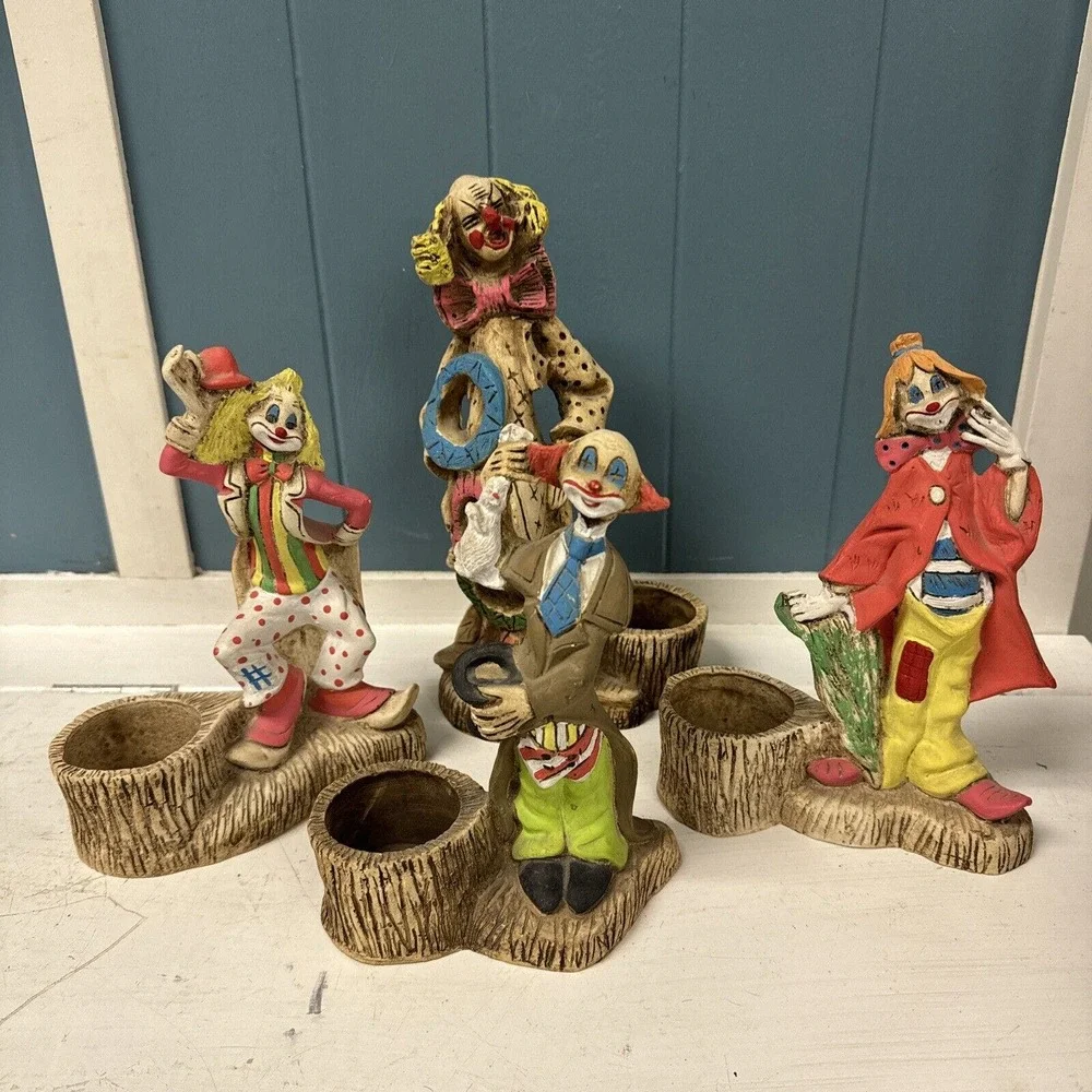 Vintage Set Of 4 Ricardo Clowns Driftwood Statue Quirky Folk‎ Art HandPainted